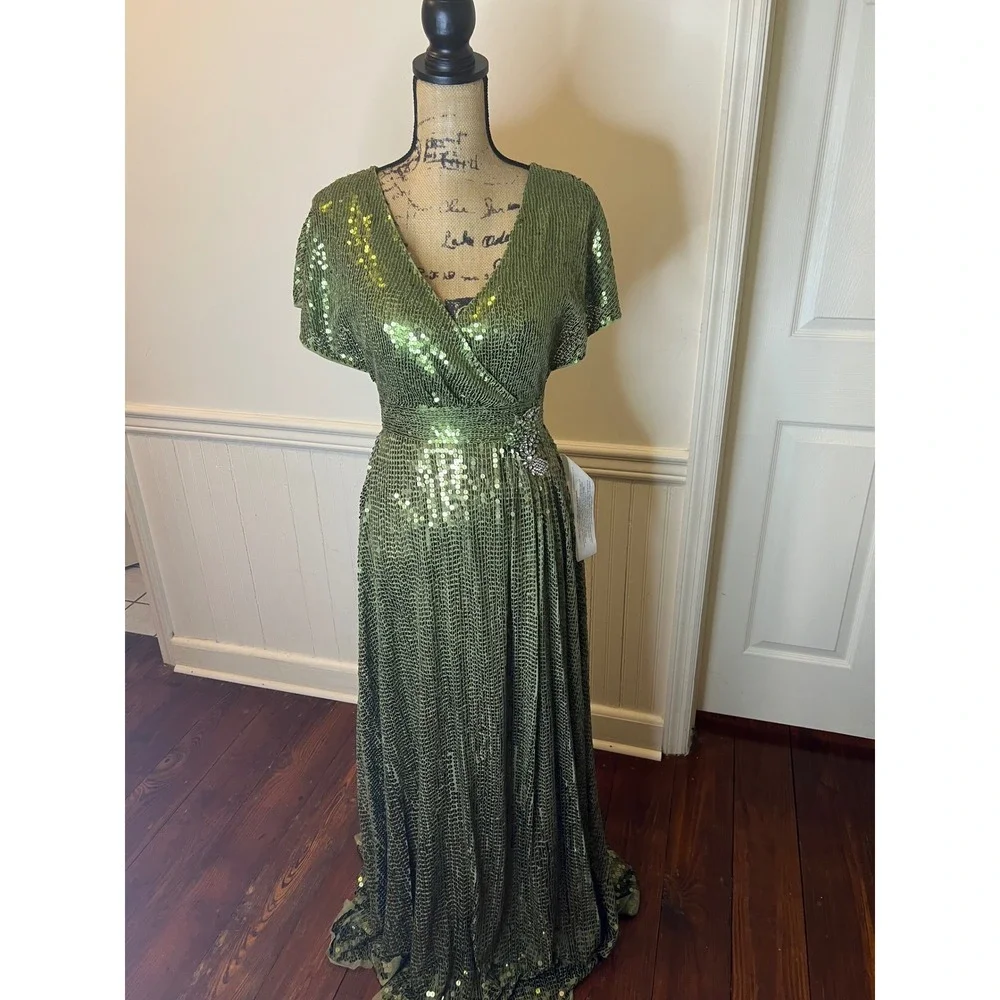 Mac Duggal 10773 size 4 Stunning Olive‎ Green Sequin Wrap Gown Embellished Waist